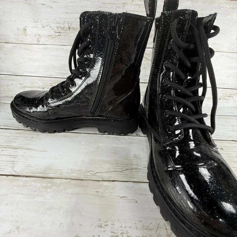 Kids Black Glitter‎ Patent Combat Boots Side Zip Lug Sole Size 4
